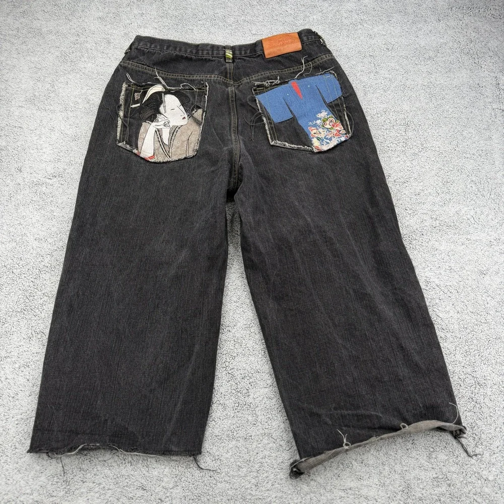 Stone Touch Jeans Mens 34 Black Denim Geisha Kimono Japanese Style Cut Off READ